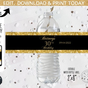Etiqueta de botella de agua, escritura dorada con brillo negro y dorado minimalista. Aniversario, fiesta de cumpleaños jubilar. Editable imprimible. 202HPA 11A
