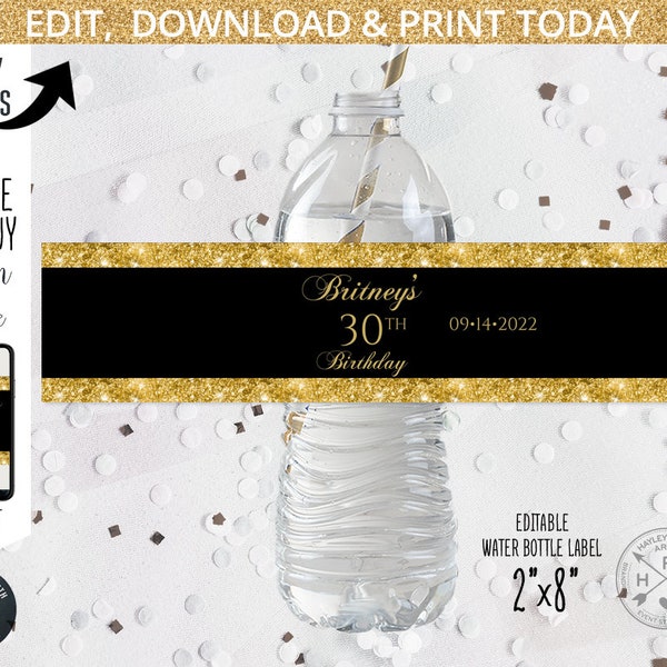 Water bottle label, black and gold glitter golden script minimalistic. Anniversary, jubilee birthday party. Editable printable. 202HPA 11 A