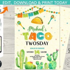 Taco tweedaagse jongensfeest tweede 2e verjaardag uitnodiging cactus sappige kinderen uitnodigen fiesta. Bewerkbare afdrukbare kaart. 116HPA 04