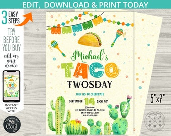 Taco twosday boy party second 2nd birthday invitation cactus succulent kids invite fiesta. Editable printable card. 116HPA 04