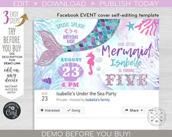 Mermaid tail Facebook EVENT cover social media banner celebration party purple pink blue turquoise. EDITABLE template. F060