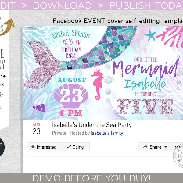 Mermaid tail Facebook EVENT cover social media banner celebration party purple pink blue turquoise. EDITABLE template. F060