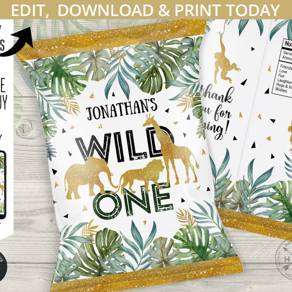 Jungle wild one chip bag, snacks treat bags, safari chip bag, chips pouch, favors, first birthday party editable template. 040HPA 30 B