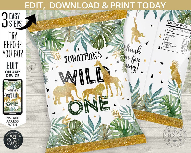 Chips Pouch Snacks Treat Bags First Birthday Party Editable Template Jungle Wild One Chip Bag Favors Safari Chip Bag 040hpa 30 B Party Supplies Paper Party Supplies Tripod Ee