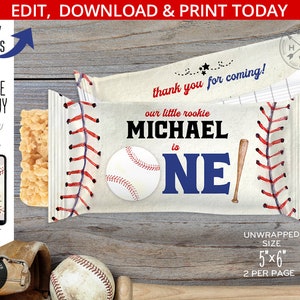 Baseball Reis Krispies behandelt Sport Wrapper Label, erster Geburtstag Rookie ONE bevorzugt krispy knusprige Leckerei. Bearbeitbar druckbar. 191HPA 32 G