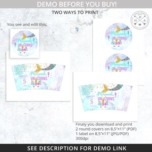 May include: Printable mermaid and unicorn themed party supplies. Includes two 8.5 x 11 inch round covers and one 8.5 x 11 inch label. The design features a mermaid with a gold tail and a unicorn with a pink horn and flowers. The text says "Mermaids & Unicorns" and "Isabella Turns 5".