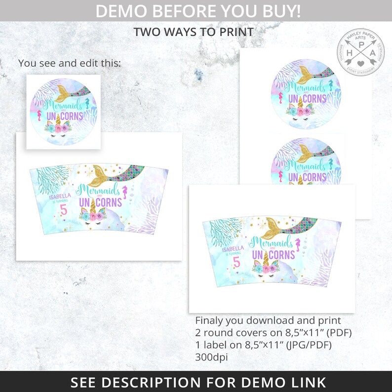 May include: Printable mermaid and unicorn themed party supplies. Includes two 8.5 x 11 inch round covers and one 8.5 x 11 inch label. The design features a mermaid with a gold tail and a unicorn with a pink horn and flowers. The text says "Mermaids & Unicorns" and "Isabella Turns 5".