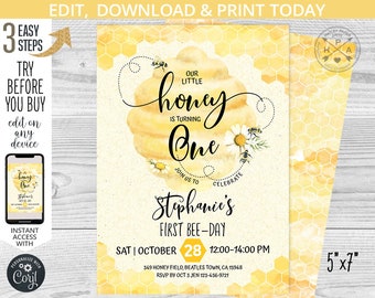 First bee day sweet little honey birthday 1st party invitation one bee-day yellow bumble bees beehive honeycomb EDITABLE template. 059HPA 01