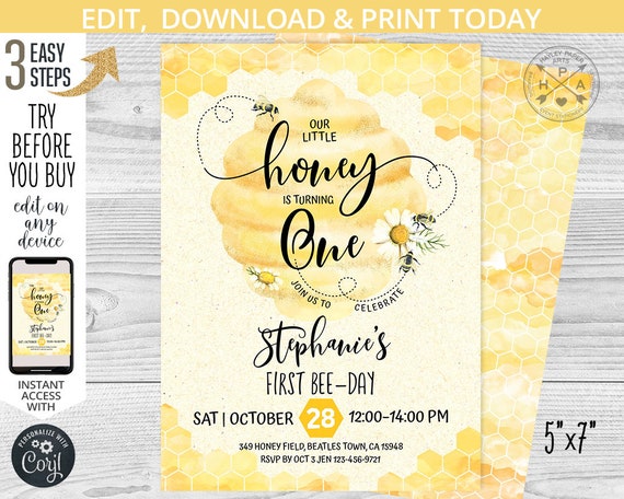 First bee day sweet little honey birthday 1st party invitation one bee-day yellow bumble bees beehive honeycomb EDITABLE template. 059HPA 01 Il_570xn