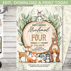 Convite de aniversário para festa de animais da floresta, para meninos de qualquer idade, floresta, madeira, vegetação, raposa, urso, coelho. Editável e imprimível. 093HPA 05