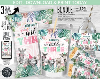 Könnte beinhalten: Ein Satz bedruckbarer Party-Etiketten mit Dschungel-Motiv in einem rosa-grünen Farbschema. Die Etiketten zeigen ein Zebra, einen Elefanten, eine Giraffe und einen Löwen mit dem Text "Harley's Young Wild & Three".