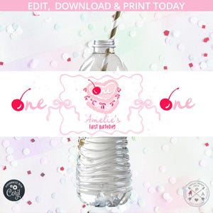Rosa Kuchen Schleife Wasserflasche Wasserflasche Mädchen Geburtstag Mädchen Pariser wunderliches französisches Etikett Bonjour Party. Bearbeitbar bedruckbar. 271HPA 19 C