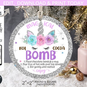 Unicorn hot chocolate bomb tag or sticker. Printable magical cocoa favor tags round silver glitter square 2x2 Editable template 303HPA 064 E image 1