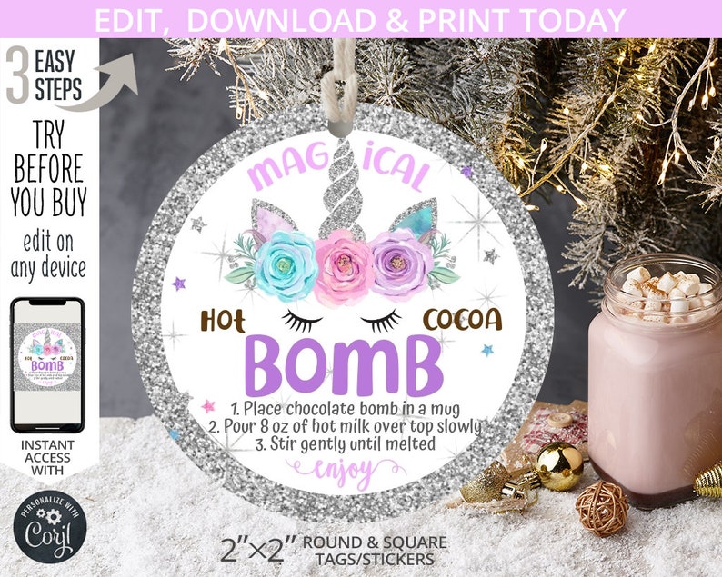 Unicorn hot chocolate bomb tag or sticker. Printable magical cocoa favor tags round silver glitter square 2x2 Editable template 303HPA 064 E image 1