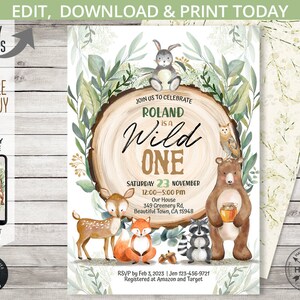 May include: A woodland-themed first birthday party invitation featuring a brown bear, deer, fox, raccoon, and owl. The invitation is decorated with green leaves and a wooden background. The text reads "Join us to celebrate Roland is a Wild One. Saturday 23 November 12:00-5:00 PM Our House 349 Greenery Rd, Beautiful Town, CA 15948 RSVP by Feb 3, 2023 | Jen 123-456-9721 Registered at Amazon and Target"