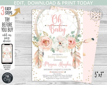 EDITABLE Oh Baby shower dreamcatcher invitation blush pink gold boho girl party bohemian invite. Instant access to the template. 222HPA 01
