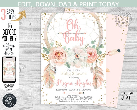 EDITABLE Oh Baby shower dreamcatcher invitation blush pink gold boho girl party bohemian invite. Instant access to the template. 222HPA 01 Il_570xn