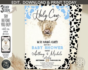 May include: A baby shower invitation with a cow illustration and the text "Holy Cow! We're having a baby!"  The invitation is for Anthony & Michele and is scheduled for September 25th from 2:00-5:00 PM. The invitation includes the address, RSVP information, and registry details.