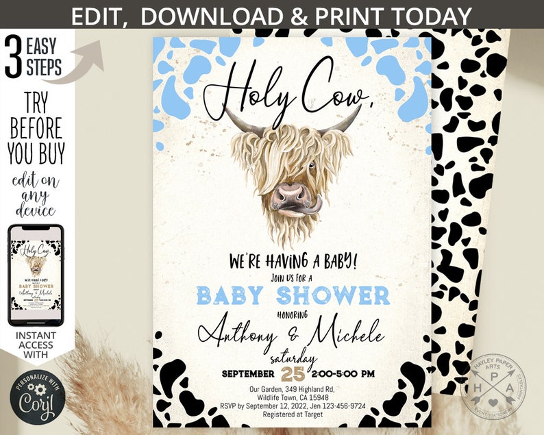 May include: A baby shower invitation with a cow illustration and the text "Holy Cow! We're having a baby!"  The invitation is for Anthony & Michele and is scheduled for September 25th from 2:00-5:00 PM. The invitation includes the address, RSVP information, and registry details.