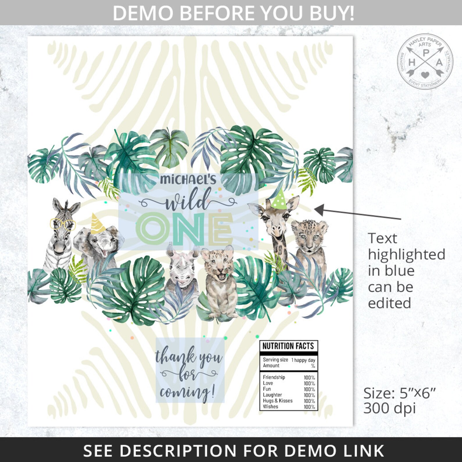 BUNDLE Safari Jungle Wild One Chips Bag, Juice Bags, Rice Bar Wrapper ...