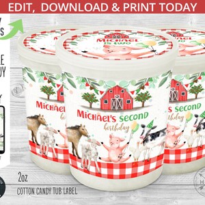 Può includere: Etichetta per barattolo di zucchero filato da 2 oz stampabile con un'illustrazione ad acquerello di una scena di fattoria con un fienile rosso, animali e il testo "Michael's second birthday".