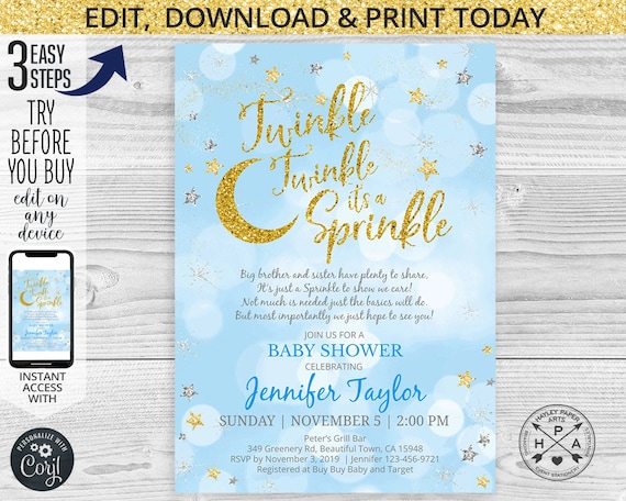 EDITABLE Twinkle It s a Sprinkle Baby Shower Poem Gold Blue Script
