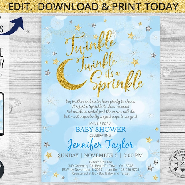 EDITABLE Twinkle it's a sprinkle baby shower poem gold blue script invitation. Instant access to the template. Customized by you. 019HPA 04