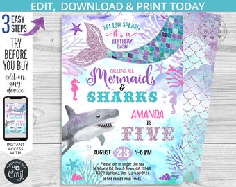 Może przedstawiać: Zaproszenie na przyjęcie urodzinowe w stylu syren i rekinów z akwarelowym tłem. Zaproszenie jest z okazji 5. urodzin Amandy i zawiera napis "Calling all Mermaids & Sharks: Amanda is Five". Zaproszenie zawiera datę i godzinę przyjęcia, adres oraz prośbę o potwierdzenie obecności.