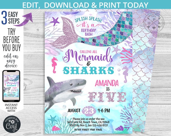 Mermaids and Sharks birthday under the sea invitation purple glitter mermaid tail b-day girl pool party invite. Editable template. 062HPA 03 Il_570xn