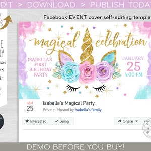Könnte beinhalten: Eine Facebook-Event-Cover-Vorlage mit einem Einhorn mit goldenem Horn und Blumen. Der Text "magical celebration" ist in goldenen Glitzerbuchstaben. Die Veranstaltung ist für Isabellas ersten Geburtstag und findet am 25. Januar um 16:00 Uhr statt.