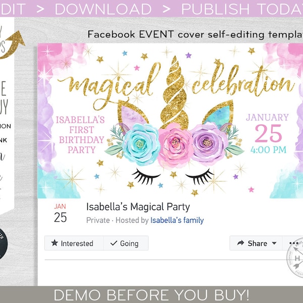 Unicorn Facebook EVENT cover social media banner magical celebration party photo purple pink blue turquoise gold EDITABLE template. F046