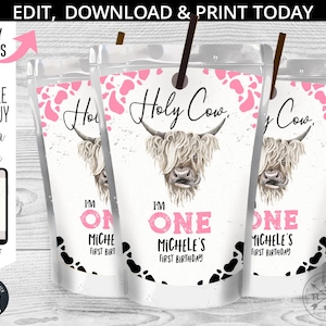 Holy cow label I&#39;m ONE juice bag label, highland cow capri juice bags, pink black, girl first birthday party. Editable printable 209HPA 31 K