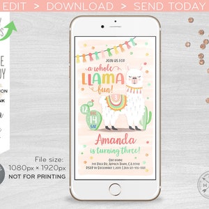 Llama birthday invitation digital e-vite. Fiesta a whole llama fun. Alpaca invitation. Smartphone messaging texting e-vite. E071 01 071HPA