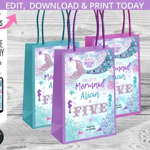Petites étiquettes cadeaux sirène pour sacs en papier. Queue de lilas pourpre, poignée pailletée à emporter. Accès instantané au modèle. 060 HPA 29 A