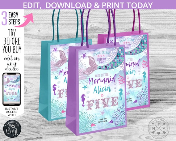Mermaid paper bag labels small favor gift labels. Purple lilac tail glitter handle takeaway. Instant access to template. 060HPA 29 A Il_570xn