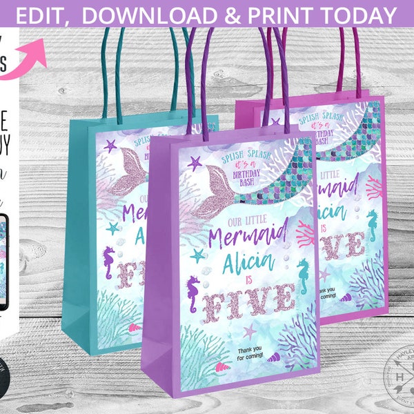 Mermaid paper bag labels small favor gift labels. Purple lilac tail glitter handle takeaway. Instant access to template. 060HPA 29 A