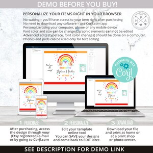 May include: A digital design template for a rainbow-themed birthday party invitation. The template features a rainbow with clouds, hearts, and the text "Rainbow of Fun" and "Stephanie & Juliana are 5". The template can be personalized using the Corjl.com app.