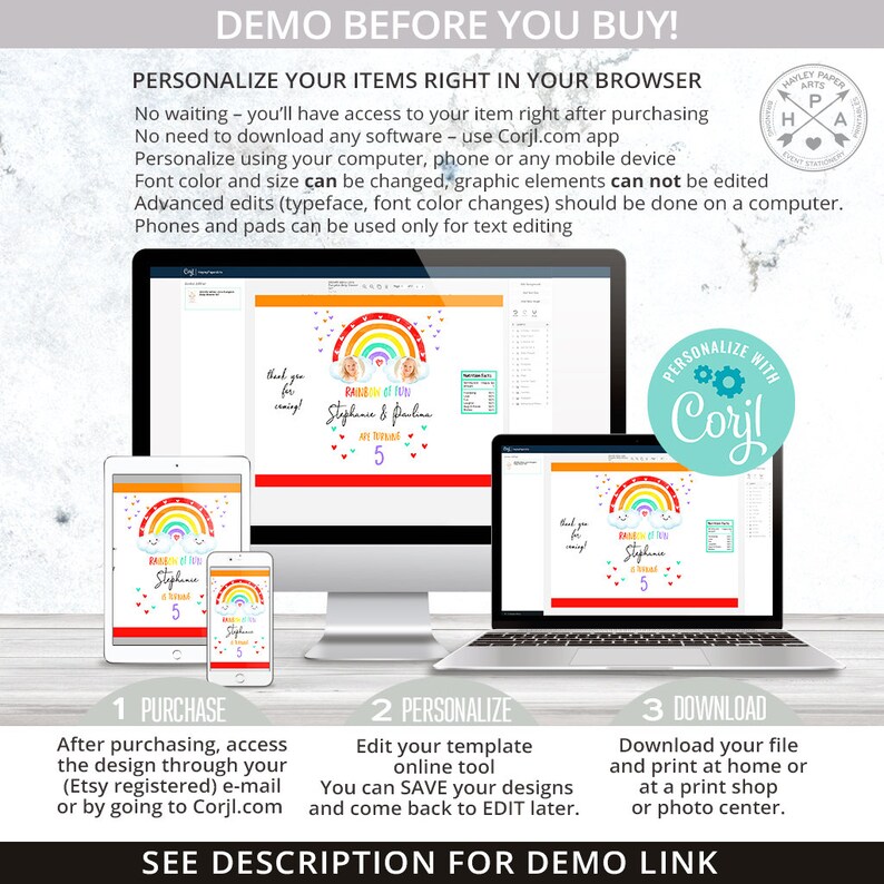 May include: A digital design template for a rainbow-themed birthday party invitation. The template features a rainbow with clouds, hearts, and the text "Rainbow of Fun" and "Stephanie & Juliana are 5". The template can be personalized using the Corjl.com app.
