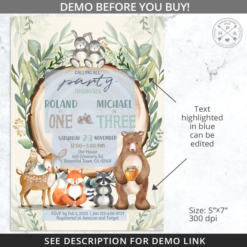 May include: A woodland-themed party invitation with a watercolor background. The invitation features a brown tree trunk with the text "Calling all party animals" and the names "Roland is One" and "Michael is Three". The invitation also features a variety of woodland animals, including a deer, a fox, a raccoon, and a bear.