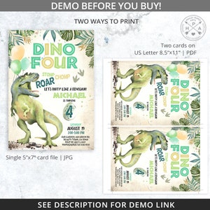 May include: A green dinosaur birthday invitation with a green and yellow dinosaur illustration. The invitation says "Dino Four Stomp Chomp Roar" and includes the name "Michael" and the date "August 19".