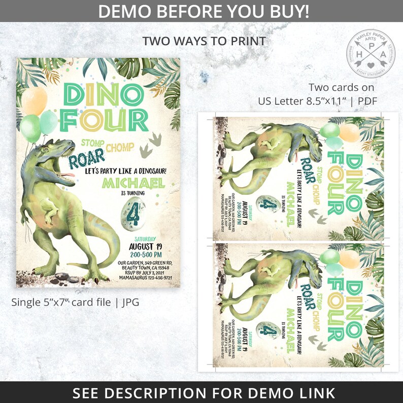 May include: A green dinosaur birthday invitation with a green and yellow dinosaur illustration. The invitation says "Dino Four Stomp Chomp Roar" and includes the name "Michael" and the date "August 19".