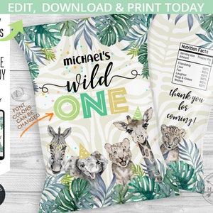 EDITABLE Jungle safari wild one chip bag, snacks treats bags, safari animals chip bag, chips pouch, favors, first birthday party 124HPA 30 A