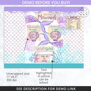 Mermaids twins chips bag, purple teal favor treats bags, chip wrapper, under the sea any age birthday party. Editable printable. 198HPA 30 D image 3