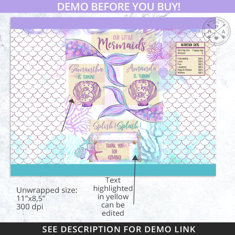 Mermaids twins chips bag, purple teal favor treats bags, chip wrapper, under the sea any age birthday party. Editable printable. 198HPA 30 D image 3