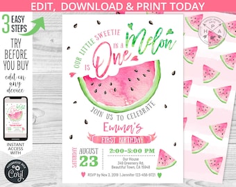Watermelon first birthday one in a meloneinladung rosa 1st b-day girl Summer Party laden Einladungen ein. Bearbeitbar printable 050HPA 03