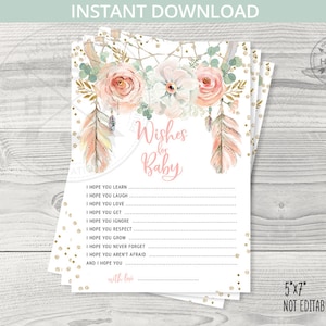 Wünsche für Baby Karte Traumfänger Boho Dusche. Rosa Blüten, Eukalyptus, Tribalfedern. Sofortiger Download. Nicht bearbeitbar. 222HPA 10