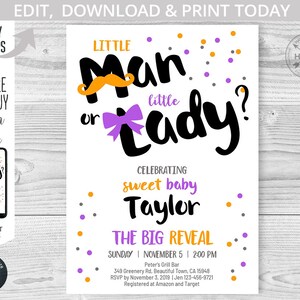 Little man or little lady gender reveal baby shower mustache ribbon orange purple script minimal invitation. Editable template. 147HPA 03