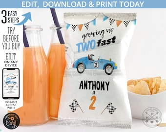Two fast vintage race car birthday chips bag, 2nd birthday, racing car 2, chip pouch party favor. Editable printable. 212HPA 30 A