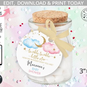 Twinkle twinkle little star tag gender reveal baby shower gunst label bedanklabels. Blauwroze wolkensterren rond cirkel 3"x3". 177HPA 21 A