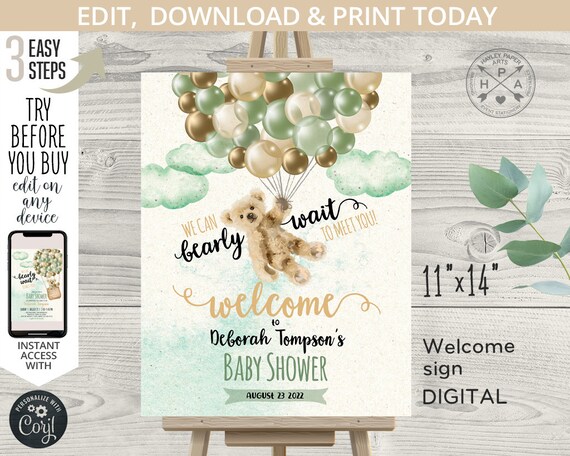 Bear balloons welcome sign baby shower 11x14 flying bearly wait. Balloon green gold. Editable printable sign. 194HPA 11 A Il_570xn